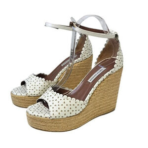 Tabitha Simmons Harp White Flower Perforated Leather Wedge Jute Sandals 38 US 7